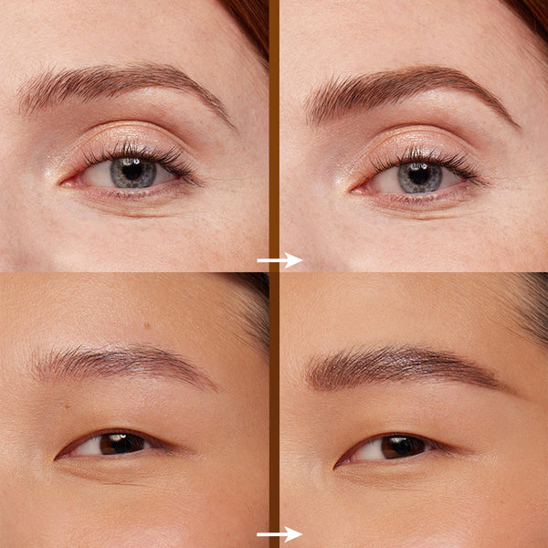 Brows filled and defined, shown in split-screen before-and-after on two models using ColourPop Champagne Blonde Pencil brow pencil; sparse arches look fuller, shaped, and natural with fine strokes in the Champagne Blonde shade.