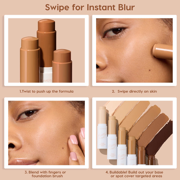ColourPop Pretty Fresh Tinted Foundation Balm, shade Dark 20, glides from a twist-up stick onto a modelβs cheek, then blends with fingers; close-ups show stick packaging and buildable swatches from light to deep for instant blur.