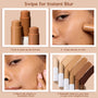 ColourPop Pretty Fresh Tinted Foundation Balm, shade Dark 20, glides from a twist-up stick onto a modelβs cheek, then blends with fingers; close-ups show stick packaging and buildable swatches from light to deep for instant blur.