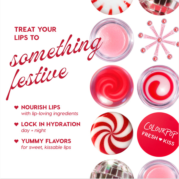 Colourpop Mistletoe Kisses Lip Care Kit showcasing open lip balms and glosses swirling red-and-white, arranged with peppermint candy motifs in a festive flat lay that emphasizes nourished lips, hydration, and sweet flavors.