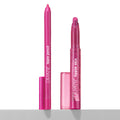 Heart Lips ColourPop Lippie Stix + Pencil Set showing the creamy fuchsia lipstick and matching liner uncapped, upright on a white surface with translucent pink caps nearby and ColourPop branding visible.