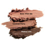 Three matte nude ColourPop Shadow Stix swatches - Bare With Me (soft rosy nude), Cocktail Party (warm beige), and Walnut Ave (deep chocolate brown) - smeared side by side on a white background, showing the Matte Nudes eyeshadow stick pigment and texture.