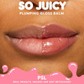Close-up lips showing before-and-after wear, left bare and right coated in glossy pink ColourPop So Juicy Plumping Gloss Balm with Peptides (So Balm, shade PSL), highlighting fuller, smoother shine on a split screen.