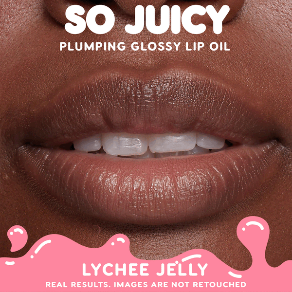 Close-up lips go from natural to fuller, high-shine after applying Plump Perfect in Lychee Jelly, showing real, unretouched results from the ColourPop So Juicy Lip Oil Set with a hydrating, glossy plumping finish.