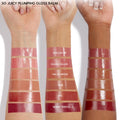 Glossy lip colors swatched across three forearms on a white studio background, showcasing ColourPop So Juicy Plumping Lip Liner & Balm Set, Juicy Berry; labeled stripes include Dolled Up, Guava Glaze, Vacay Mode, Doe, PSL, and Berry Spritz.