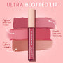 ColourPop Ultra Blotted Lip in Keep It Classy stands centered with a pale pink cap and berry tube, framed by rosy, mauve, and nude swatches that showcase a diffused blotted finish, smooth creamy texture, and long‑lasting comfy wear on a pink gradient background.