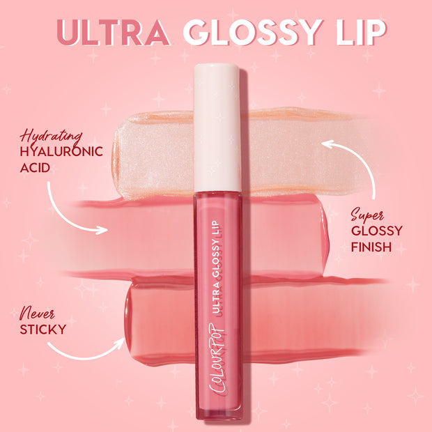 ColourPop Ultra Glossy Lip in Major Throwback, a rosy pink gloss tube with white cap, stands over shimmering and pink swatches, showcasing hydrating hyaluronic acid, super glossy finish, and never-sticky wear on a pink backdrop.