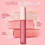 ColourPop Ultra Glossy Lip in Pasadena stands centered with a white-cap tube over rosy swatches, showing a pink, high-shine finish; callouts highlight hydrating hyaluronic acid and never-sticky wear on a sparkly pink backdrop.
