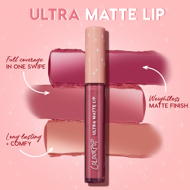 Tube of ColourPop Ultra Matte Lip in Tulum stands upright, showing a dusty rose‑mauve liquid lipstick with three matte swatches behind on a pink gradient background, highlighting full coverage in one swipe, weightless matte finish, and long‑lasting comfy wear.