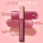 ColourPop Ultra Matte Lip in Bumble displayed upright against three rosy‑nude swatches, emphasizing full coverage in one swipe, weightless matte finish, and long‑lasting, comfy wear for a rose‑mauve lip color.