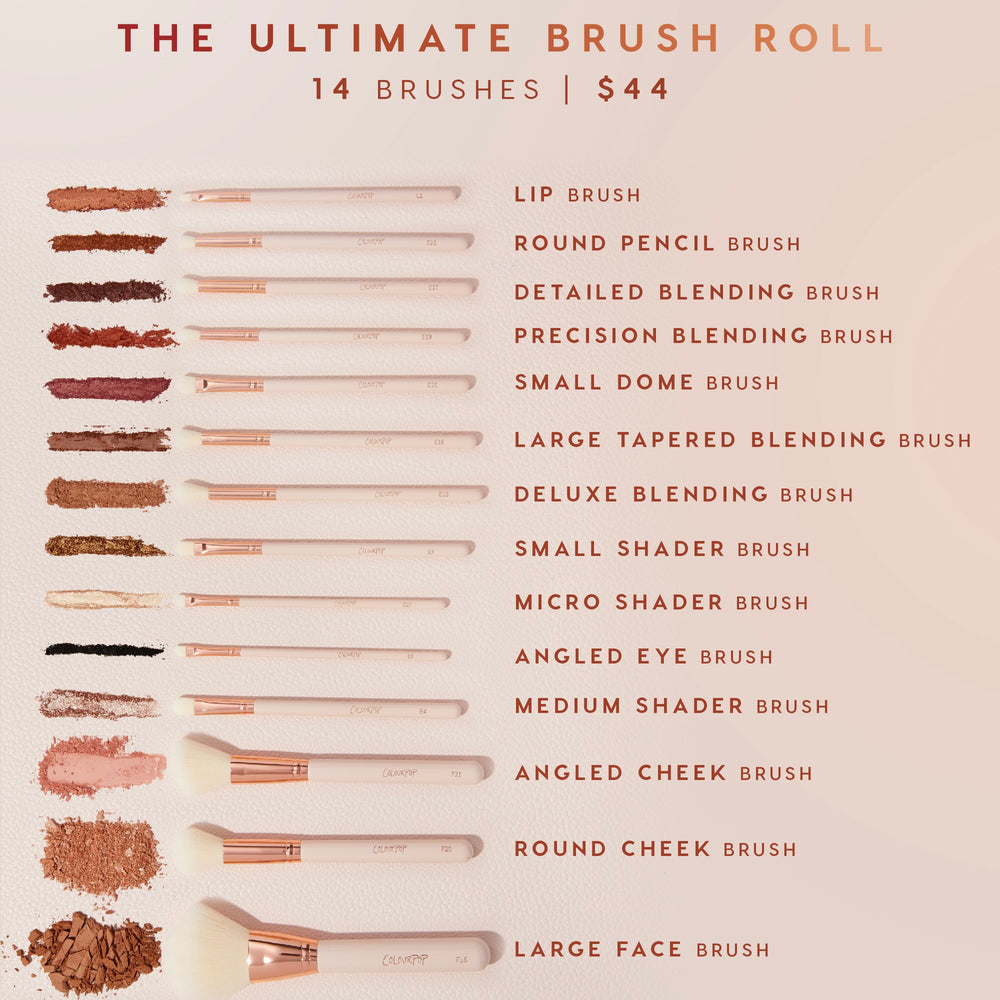 Ultimate Brush Roll displays 14 blush‑pink brushes with rose‑gold ferrules, lined beside powder and eyeshadow swatches, highlighting lip, blending, shader, angled cheek, round cheek, and large face tools on a cream backdrop; $44 ColourPop Makeup Brush Kit.
