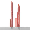 Perfect Duo ColourPop Lippie Stix + Pencil Set stands upright with caps off, the slim lip pencil and twist-up lippie stix revealing a warm rosy nude shade, displayed on a light surface against a white studio background.