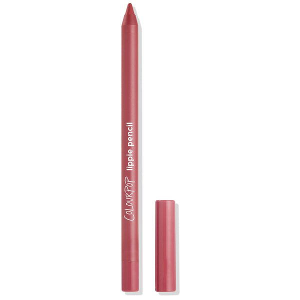 Bumble ColourPop Lippie Pencil lying uncapped with a sharpened rosy‑mauve tip, cap set beside it on a white background, highlighting the slim lip liner design and brand logo for precise lip lining in the Bumble shade.