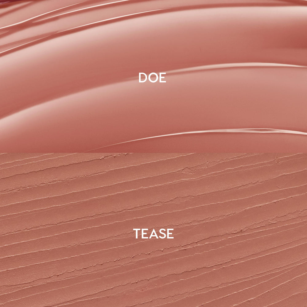 Swatches show ColourPop So Juicy Plumping Lip Liner & Balm Set, Go-To Lip: glossy balm in warm rosy nude labeled DOE on top and matte liner in matching nude labeled TEASE below, displayed in a split texture layout.