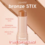 ColourPop Bronzer Stix in Manhattan Beach glides up from a nude-peach twist-up tube, showing a warm bronze tip and a background swipe of pigment; on-image callouts note hydrating, buildable, mess-free sunkissed color.