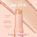 ColourPop Lite Stix highlighter Sunlight stands uncapped, revealing a champagne‑gold stick for a buildable radiant glow; callouts highlight hydrating, mess‑free wear, with a sweeping shimmer swatch behind on a blush pink background.