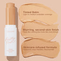 ColourPop Pretty Fresh Tinted Foundation Balm Light 7 stick stands upright beside three creamy swatches, showing light-to-medium buildable coverage and a blurring, second-skin finish with skincare-infused formula - hyaluronic acid, peptides, niacinamide - on a peach backdrop.