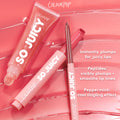 ColourPop So Juicy Plumping Lip Liner with Peptides in Group Chat, cap off to reveal a neutral mauve tip, lying beside a matching So Juicy gloss on a glossy pink backdrop, highlighting benefits: instant plump, peptides smooth lip lines, peppermint cooling tingle.