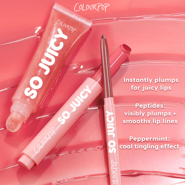 ColourPop So Juicy Plumping Lip Liner with Peptides in Group Chat, cap off to reveal a neutral mauve tip, lying beside a matching So Juicy gloss on a glossy pink backdrop, highlighting benefits: instant plump, peptides smooth lip lines, peppermint cooling tingle.
