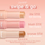 Ignite ColourPop Lite Stix highlighter - shimmery champagne-gold cream stick - shown uncapped and extended, with Blush Stix and Bronze Stix below on a peach gradient promo, highlighting a quick, blendable glow for swipe-and-go wear.