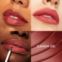 ColourPop Ultra Blotted Lip in Canon Dr coats lips with a soft-focus rosy red tint, shown across varied complexions with a side swatch and shade name, highlighting the lightweight blotted finish.