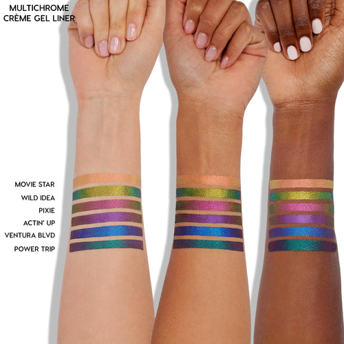 Chrome Dreams ColourPop Chrome Crème Gel Liner swatched on three arms, six multichrome stripes shifting gold, green, pink, purple, blue, and teal; shades Movie Star, Wild Idea, Pixie, Actin' Up, Ventura Blvd, Power Trip.