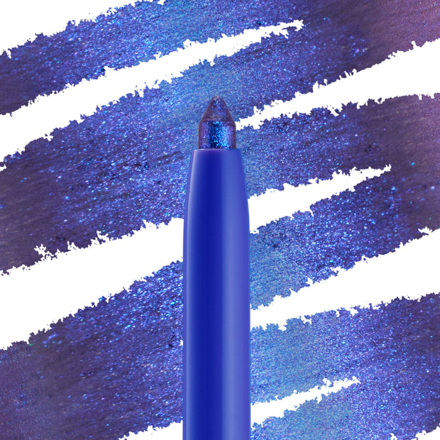 ColourPop Chrome Crème Gel Liner in Ventura Blvd shows its creamy twist-up tip, flashing multichrome blue‑violet‑teal shimmer, set against bold cobalt swatches on white to showcase smooth glide, rich payoff, and metallic finish.