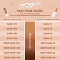 reolink.liveplexion Bundle face set shade guide comparing Pretty Fresh tinted moisturizer to tinted foundation balm, mapping dark and deep dark tones, e.g., Dark 17N→Dark 17 through Deep Dark 24N→Deep Dark 24 on a peach chart.