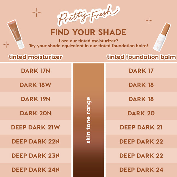reolink.liveplexion Bundle face set shade guide comparing Pretty Fresh tinted moisturizer to tinted foundation balm, mapping dark and deep dark tones, e.g., Dark 17N→Dark 17 through Deep Dark 24N→Deep Dark 24 on a peach chart.