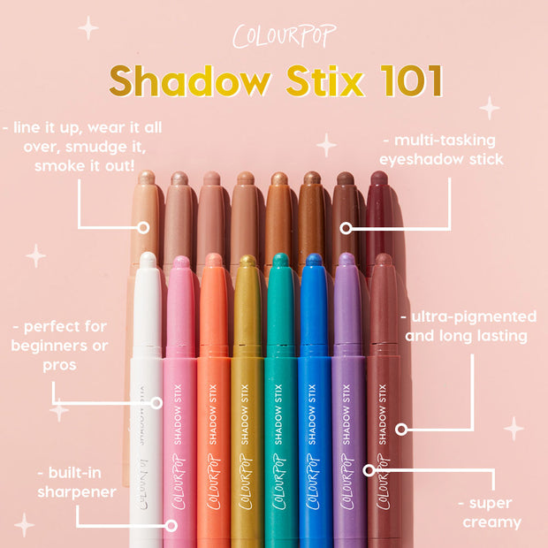 ColourPop Shadow Stix in So Into U, a twist-up cream eyeshadow crayon, shown alongside a rainbow lineup of ColourPop Shadow Stix on a pink backdrop, highlighting the creamy, ultra-pigmented, long-wear formula with built-in sharpener.