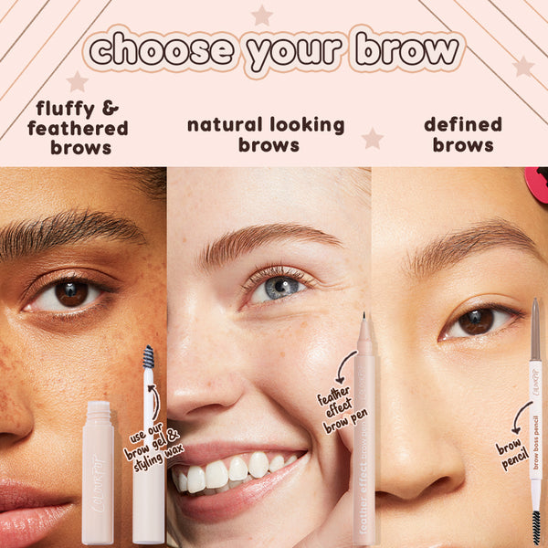 ColourPop Dope Taupe Brow Pencil defines and fills brows, shown in a choose-your-brow guide with three close-up looks - fluffy and feathered, natural, and defined - featuring the Brow Boss pencil tip and spoolie for precise shaping.