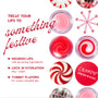 ColourPop Fresh Kiss lip balms showcased in a festive holiday graphic, with pink and red swirled pots, peppermint candy accents, and a red lid, highlighting nourishing hydration and sweet flavors for day-to-night lip care.