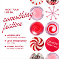 Colourpop Mistletoe Kisses Lip Care Kit showcasing open lip balms and glosses swirling red-and-white, arranged with peppermint candy motifs in a festive flat lay that emphasizes nourished lips, hydration, and sweet flavors.