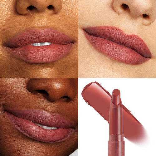 ColourPop Lippie Stix Goal Digger coats lips in a matte dusty-rose hue, shown in a 4-panel close-up across varied skin tones with a product bullet and swipe, highlighting smooth, full-coverage payoff and creamy texture.