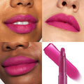 Heart On ColourPop Lippie Stix applied  -  vivid fuchsia-magenta lipstick shown on three lip close-ups across different skin tones with a soft-matte finish, plus the twist-up Lippie Stix bullet and swatch on a white background.