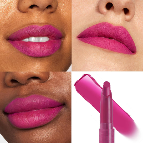 Heart On ColourPop Lippie Stix applied  -  vivid fuchsia-magenta lipstick shown on three lip close-ups across different skin tones with a soft-matte finish, plus the twist-up Lippie Stix bullet and swatch on a white background.