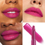 Heart On ColourPop Lippie Stix applied  -  vivid fuchsia-magenta lipstick shown on three lip close-ups across different skin tones with a soft-matte finish, plus the twist-up Lippie Stix bullet and swatch on a white background.