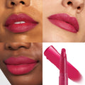 I Heart This ColourPop Lippie Stix coats lips in a rich raspberry pink, shown on three sets of lips from light to deep skin tones in a four-panel collage with the lipstick bullet and swatch, highlighting a velvety matte, full-coverage finish.