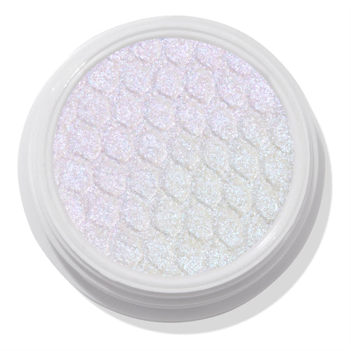 Ice Dream ColourPop Super Shock Shadow, a bouncy cream-to-powder eyeshadow, glistening with icy iridescent white-lavender shimmer, pressed in a honeycomb texture and housed in a round white pot on a clean studio background.