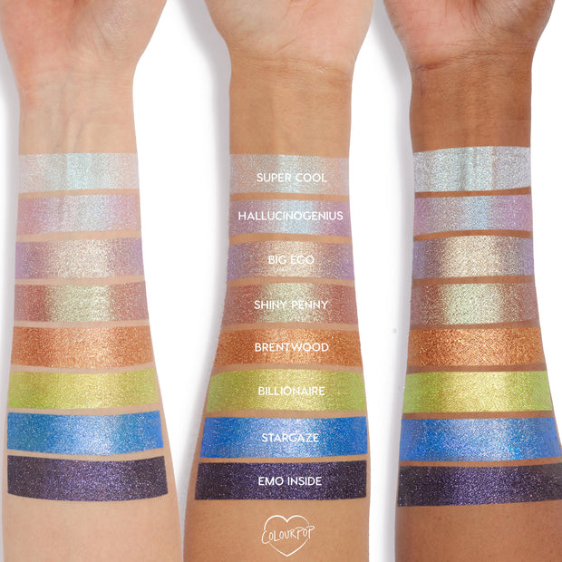 Shiny Penny, a warm copper metallic ColourPop Jelly Much Shadow, swatched in a bold stripe on three arms of different skin tones, shown with Super Cool, Hallucinogenius, Big Ego, Brentwood, Billionaire, Stargaze, and Emo Inside.