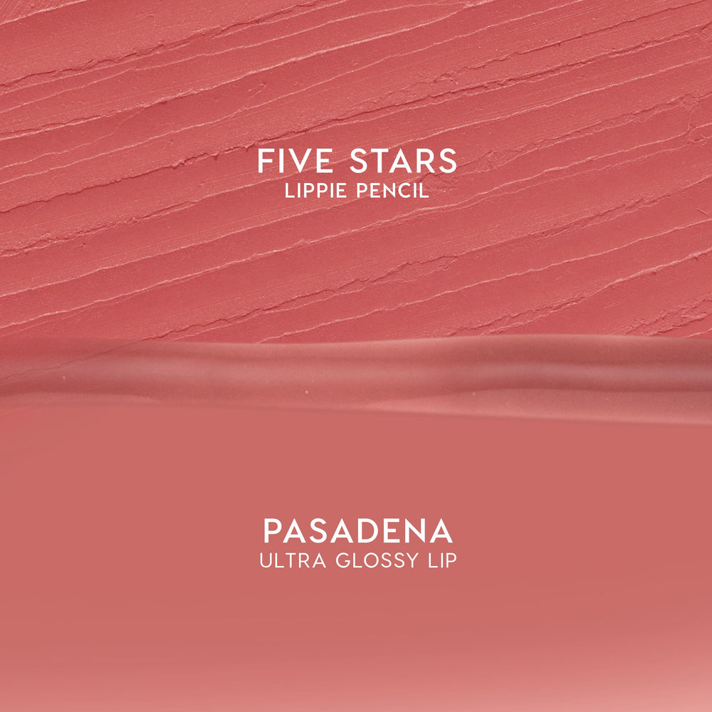 Dream Duo ColourPop Ultra Lip Duo swatches show Five Stars Lippie Pencil's matte rose-pink texture above Pasadena Ultra Glossy Lip's smooth shine, displayed as split swatches for shade reference on a clean background.