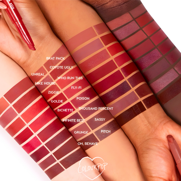 Brat Pack ColourPop Lippie Stix swatched as a rich red across three skin tones, shown in a labeled grid of berry, brick, and brown shades with the twist-up stick held nearby, highlighting the creamy matte finish and color payoff.