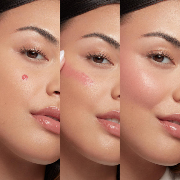 Royal Flush ColourPop Liquid Blush applied on a model’s cheek - first a pink dot, then finger-blended swipe, then a seamless rosy glow - three-step application close-up on smooth skin, showing buildable, dewy finish.