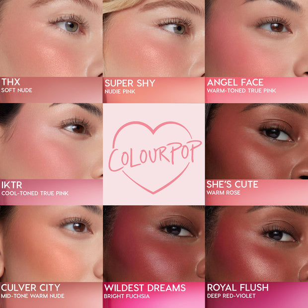IKTR ColourPop Liquid Blush adds a cool‑toned true pink flush to a model’s cheek, shown in a grid alongside THX, Super Shy, Angel Face, She’s Cute, Culver City, Wildest Dreams, and Royal Flush for shade comparison.