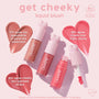 ColourPop Liquid Blush Wildest Dreams shown in a pink flat lay - three heart‑capped tubes with one open and a doe‑foot applicator - surrounded by heart-shaped swatches, highlighting 8‑hour wear and benefits like smoother pores, plumper, hydrated cheeks.