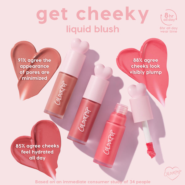 ColourPop Liquid Blush Royal Flush arranged on a pastel pink flat lay, heart-topped tubes fanned out with one open doe-foot applying a rosy pink swipe, while heart-shaped swatches highlight 8-hour wear, pore blurring, hydration, and plumping benefits.