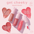 IKTR ColourPop Liquid Blush tubes showcase three pink-toned shades with heart-shaped caps, one opened to reveal a doe-foot applicator, beside heart swatches; graphic highlights 8-hour wear plus 91% pore-minimizing, 88% plumping, 85% all-day hydration on a soft pink backdrop.