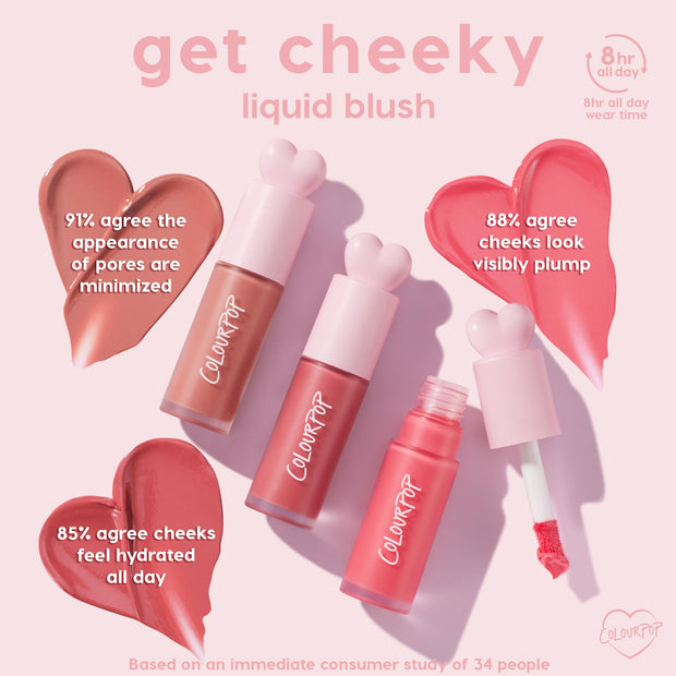 ColourPop Liquid Blush Culver City displayed in frosted tubes with pink heart caps, one open wand showing a bright pink doe-foot swipe, with heart-shaped swatches calling out 8-hour wear, minimized pores, and hydrated, plumper cheeks on a soft pink backdrop.