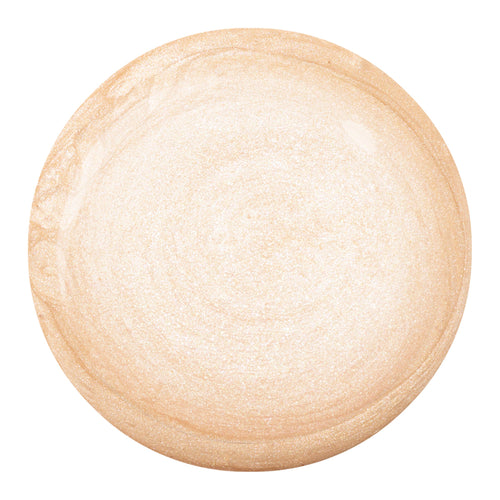 ColourPop Liquid Highlighter in Sugar Donut swatch forming a glossy round droplet, shimmering champagne-gold with fine pearlescent sparkle, showing a blendable dewy finish on a white background.
