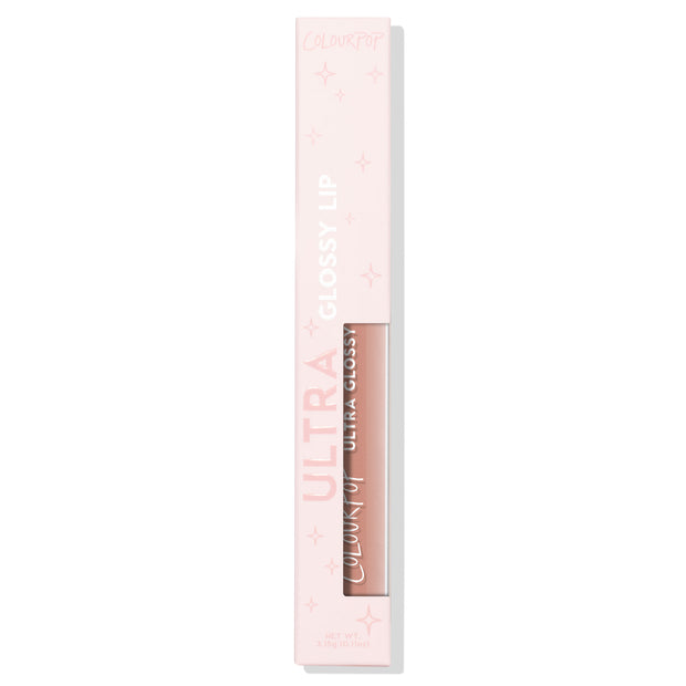 ColourPop Ultra Glossy Lip in Major Throwback stands upright in a soft pink box with star accents and a window revealing the clear tube of light nude gloss; packaging notes net wt 3.15 g (0.11 oz) on a white background.